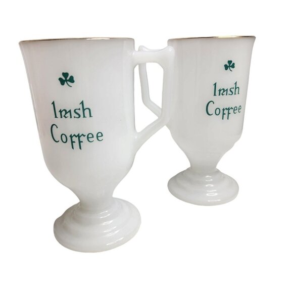 Vintage Irish Coffee Milk Glass Mugs Footed Pedestal Shamrocks Gold Rim Lot of 2 - Picture 3 of 6